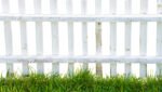 Old wood white fence and green grass.