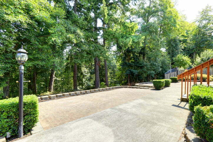 Backyard view with wooden fence, concrete floor and lots of fir trees around.