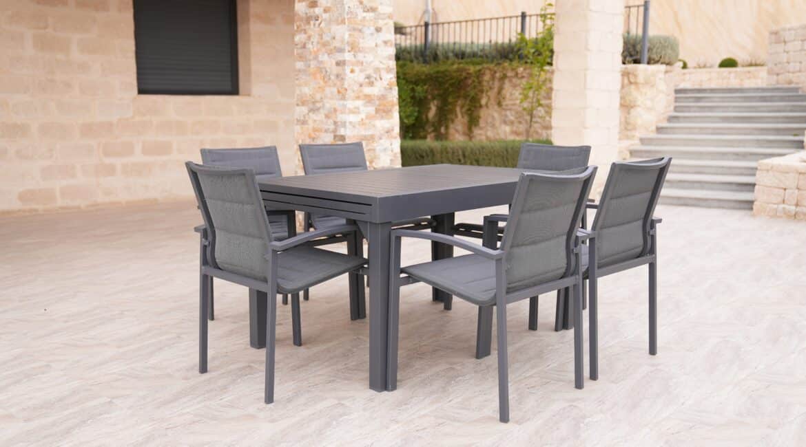Gray,Metal,Table,With,6,Chairs,Outdoor,In,The,Yard
