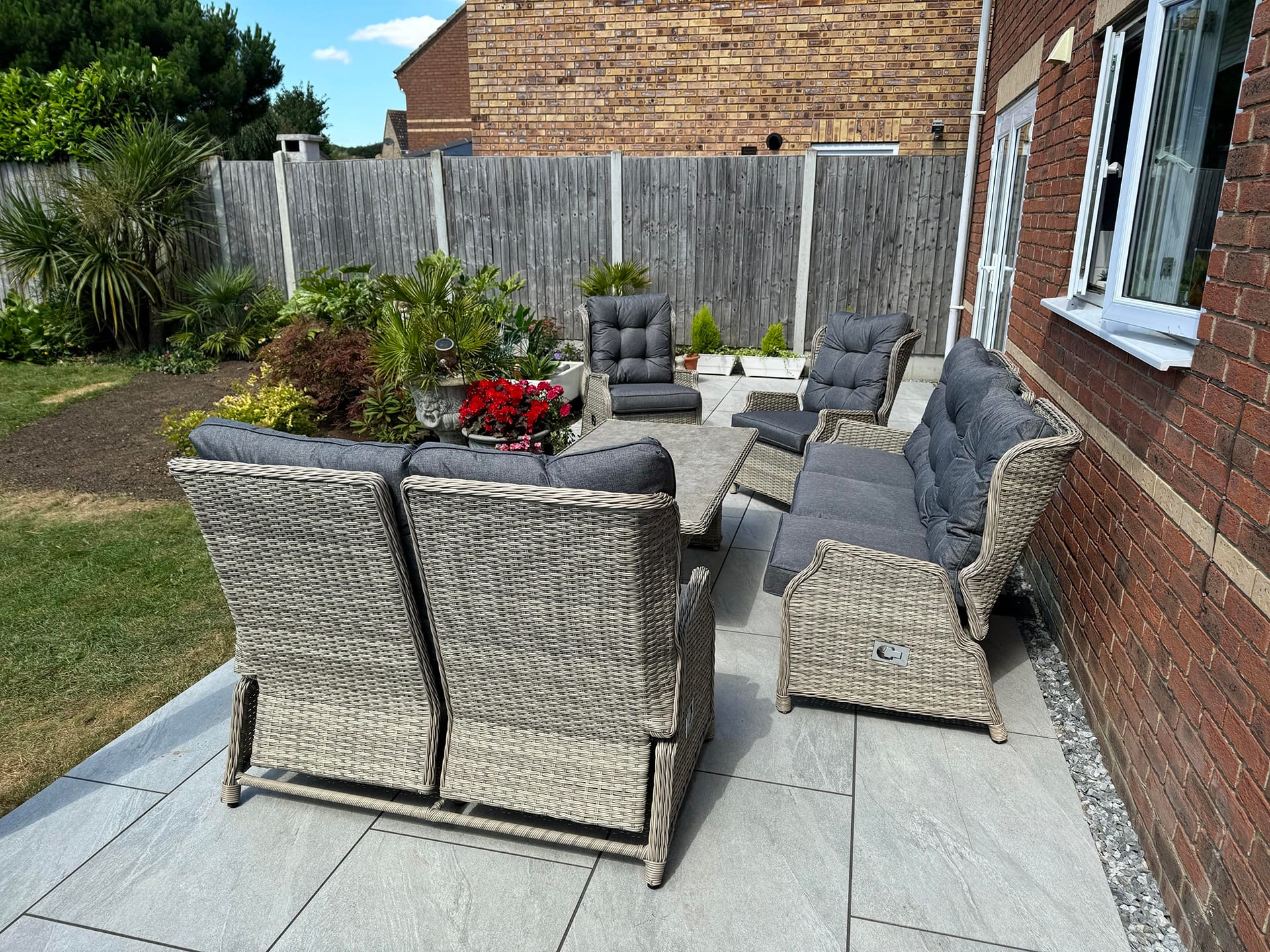 2026 outdoor furniture trends featuring garden patio set with modern cushions