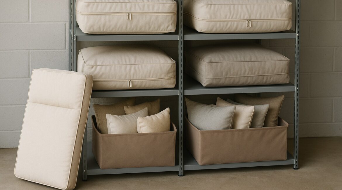 Patio cushions stored indoors in breathable bags for the Florida off-season