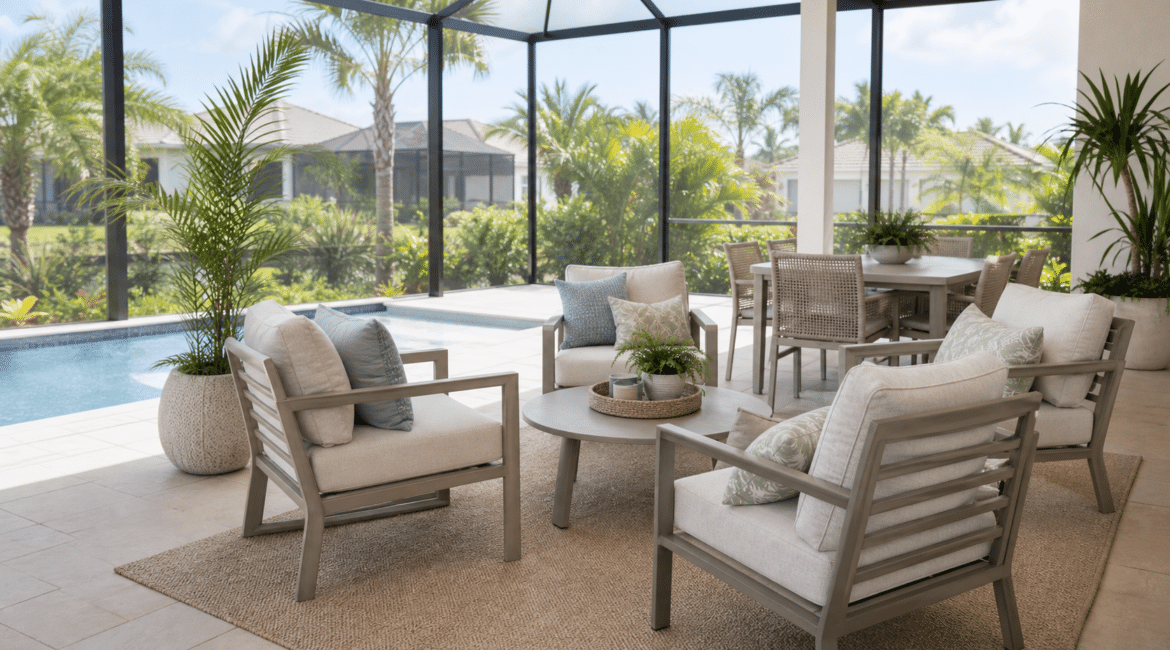 Florida patio furniture trend scene with powder-coated aluminum lounge seating on a screened lanai