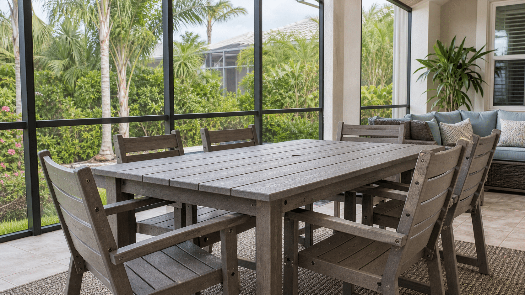 HDPE recycled lumber outdoor dining set on a Florida screened lanai