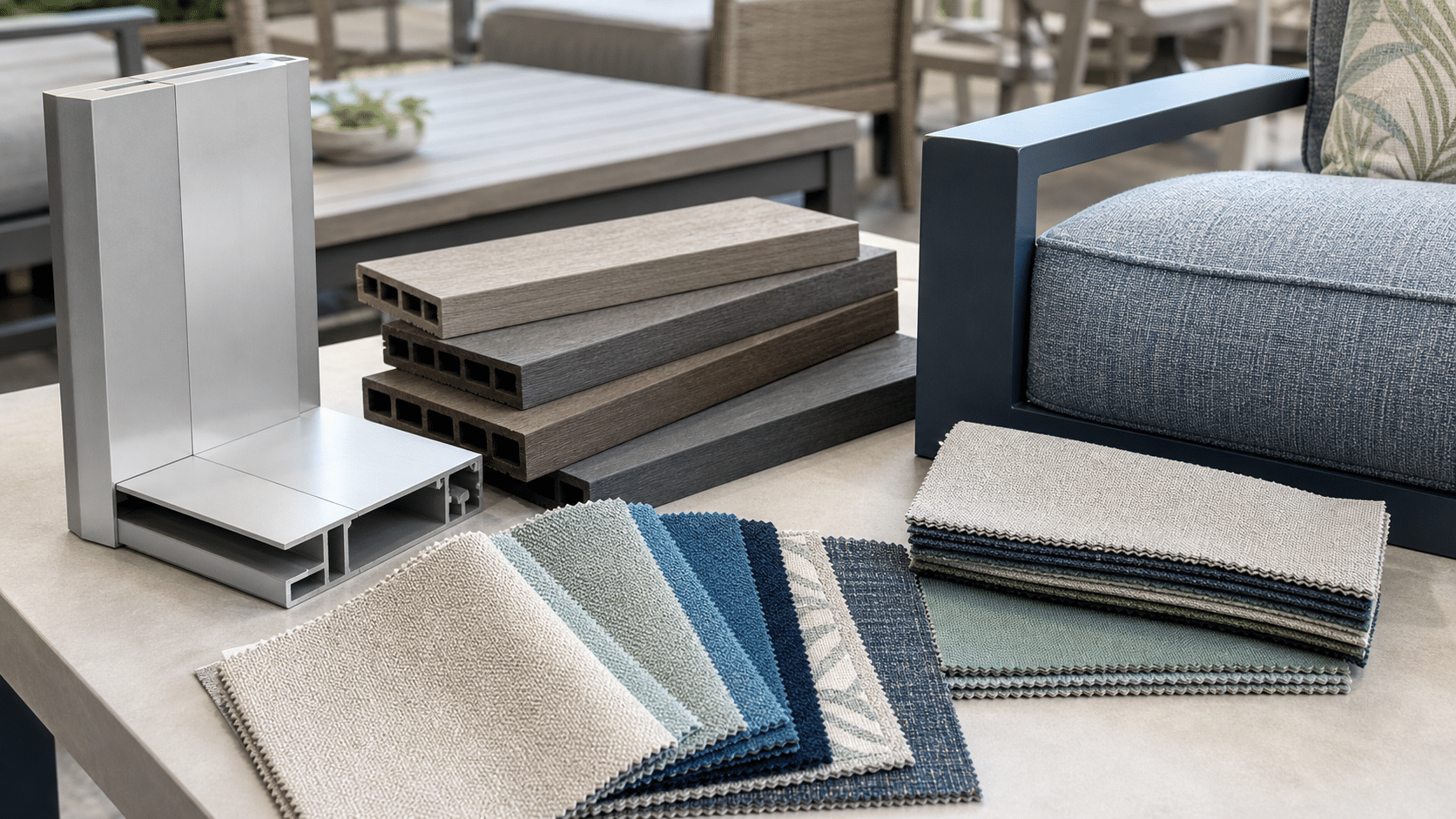 Outdoor furniture material samples with cushion fabrics and aluminum frame details
