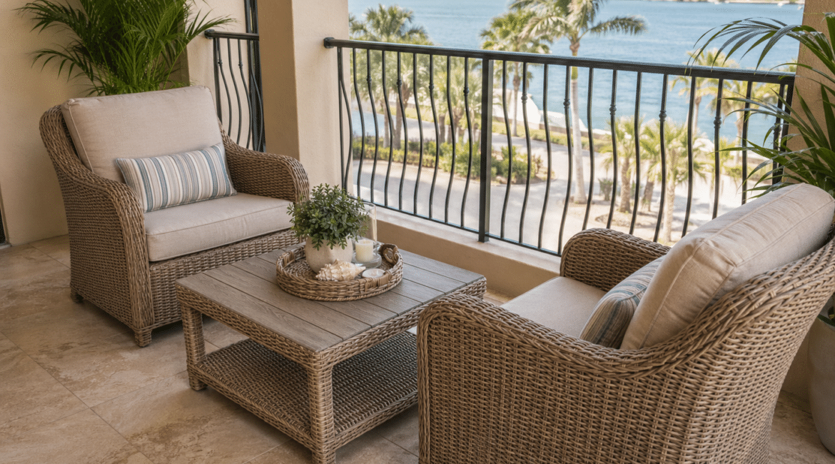 Compact Palm Casual patio chairs on a Florida balcony for an ADU or in-law suite